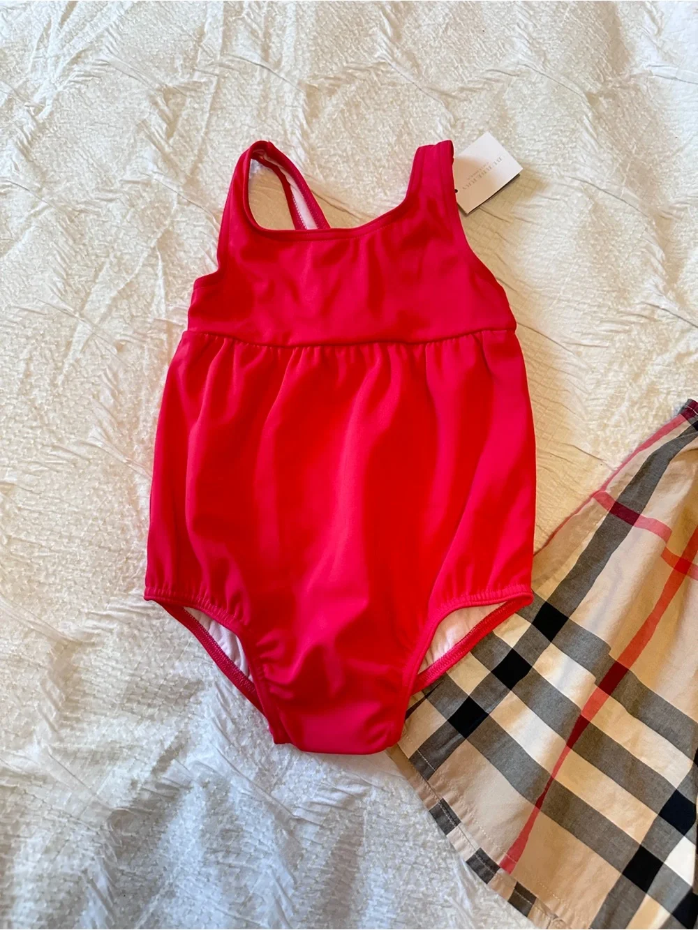 Burberry Hot Pink Swimsuit and Signature Beige Plaid Dress Set bundle
